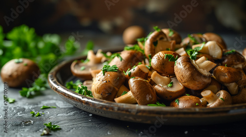 A dish of fresh mushrooms with parsley. 