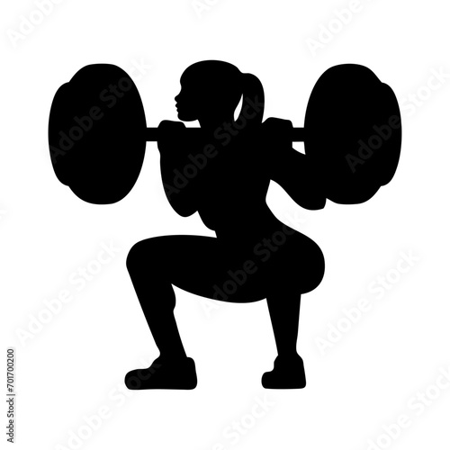Logo gym fitness. Silueta de mujer musculosa culturista levantando pesas