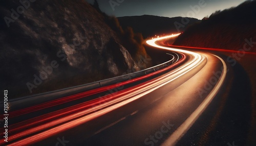 Cars red light trails at night in a curve asphalt road at night, long exposure image  photo