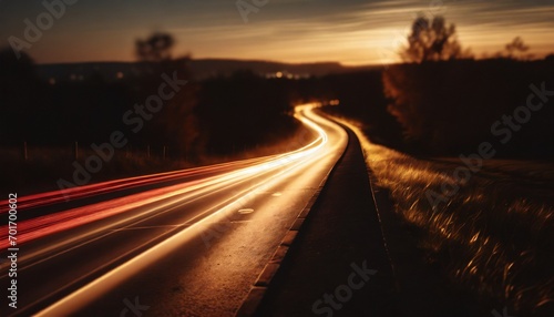 Cars red light trails at night in a curve asphalt road at night, long exposure image © adobedesigner