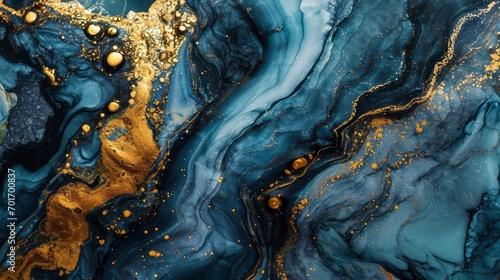 Blue abstract background of marble liquid ink. Elegant marble gold texture.