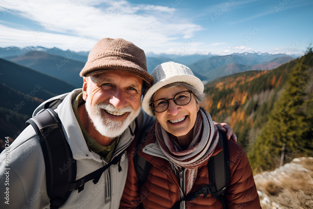 Love, hiking and portrait of old couple on nature walk in the mountains. Travel, senior man and woman on hike with smile on face and health on retirement holiday adventure