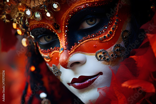 Close up of red and black elegant Venetian carnival mask on face © Firn