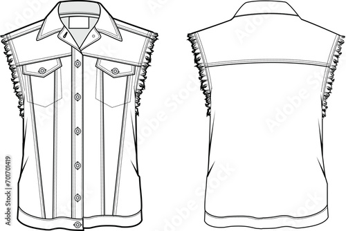 KID GIRLS AND TEENS WEAR SLEEVELESS DENIM VEST FRONT AND BACK FASHION FLAT DESIGN VECTOR ILLUSTRATION