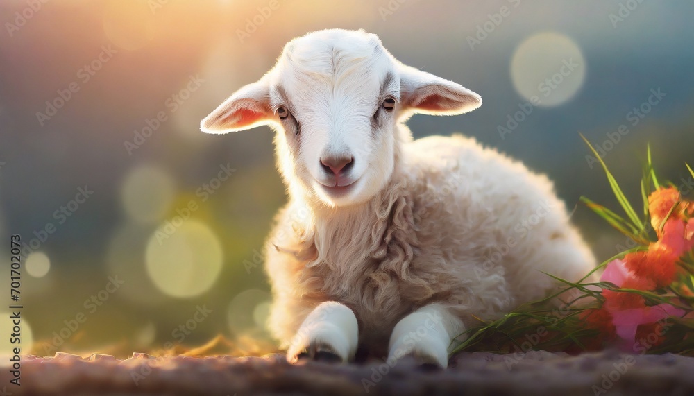 Fototapeta premium Cute sitting baby goat sheep background banner panorama spring easter. eid mubarak