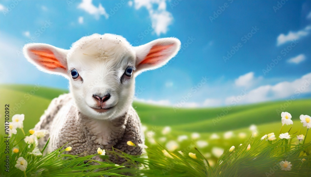 Cute little lamb on fresh spring green meadow during sunrise. Eid mubarak
Cute little lamb on fresh spring green meadow during sunrise. Eid mubarak