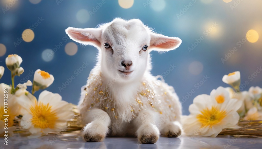 Cute sitting baby goat sheep background banner panorama spring easter. eid mubarak Cute sitting baby goat sheep background banner panorama spring easter. eid mubarak