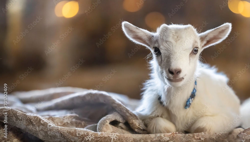 Obraz premium Cute sitting baby goat sheep background banner panorama spring easter. eid mubarak