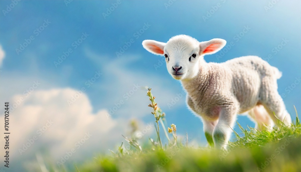 Obraz premium Cute sitting baby goat sheep background banner panorama spring easter. eid mubarak 