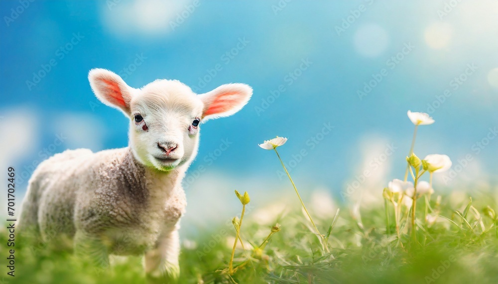 Fototapeta premium Cute little lamb on fresh spring green meadow during sunrise. Eid mubarak