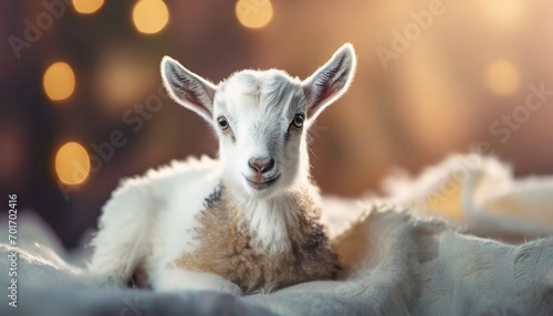 Cute sitting baby goat sheep background banner panorama spring easter. eid mubarak