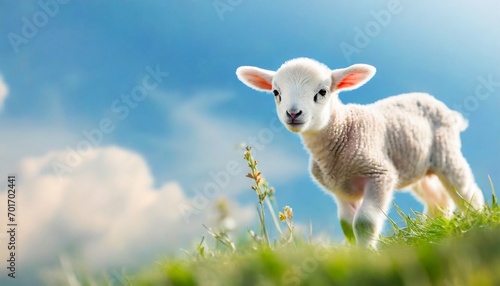Cute sitting baby goat sheep background banner panorama spring easter. eid mubarak 