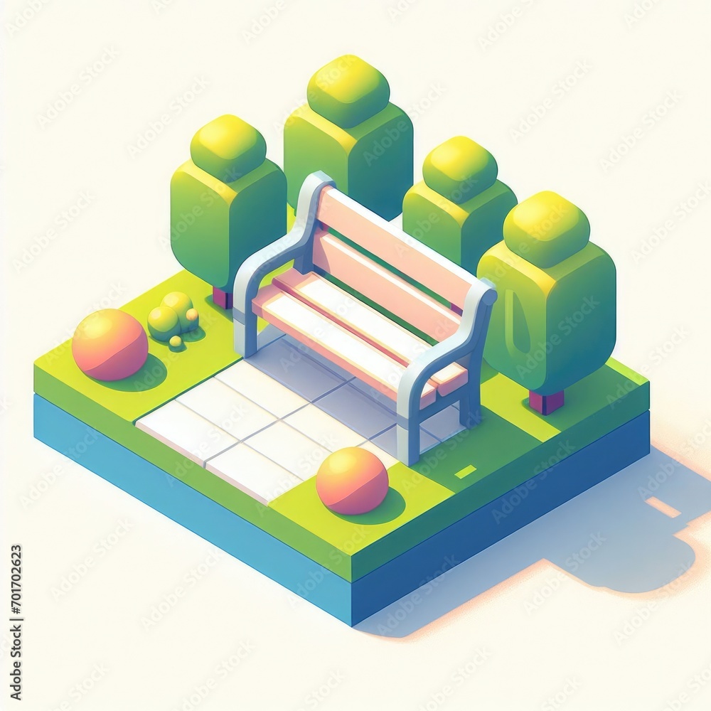 3D icon of a bench in a park in isometric style on a white background 3D icon of a bench in a park in isometric style on a white background