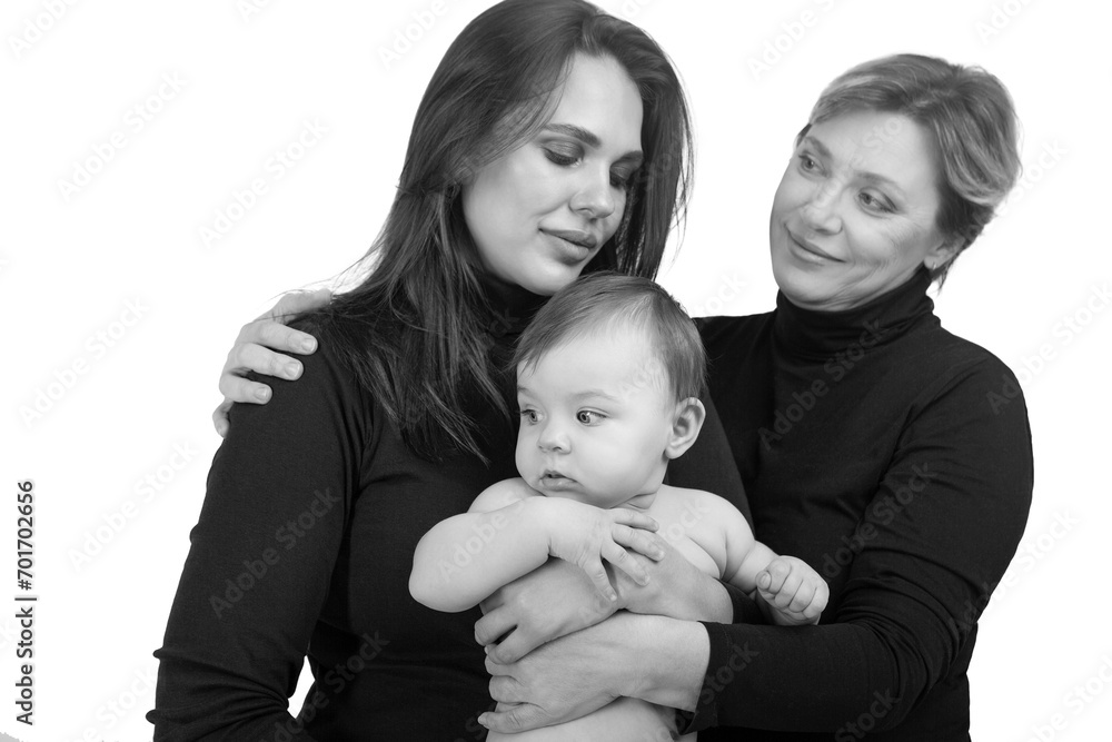 Grandmother, daughter and granddaughter on white portrait, happy family concept Grandmother, daughter and granddaughter on white portrait, happy family concept