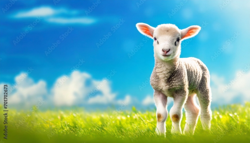 Fototapeta premium Cute little lamb on fresh spring green meadow during sunrise. Eid mubarak