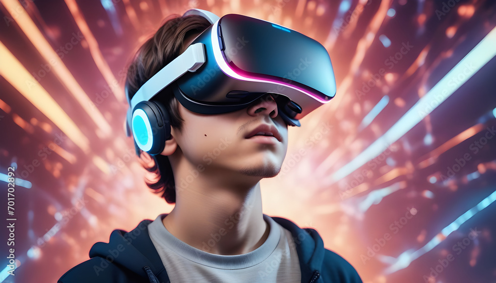 A boy wearing VR headset user. Surreal world and virtual reality. AI artificial intelligence man wearing VR glasses virtual global world internet connection and new experience in the future metaverse A boy wearing VR headset user. Surreal world and virtual reality. AI artificial intelligence man wearing VR glasses virtual global world internet connection and new experience in the future metaverse