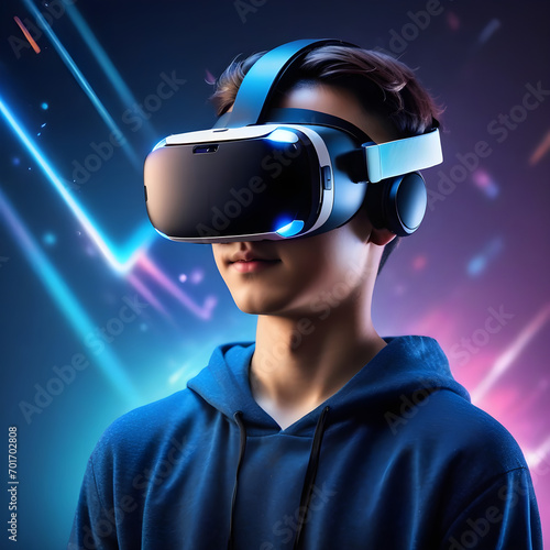 A boy wearing VR headset user. Surreal world and virtual reality. AI artificial intelligence man wearing VR glasses virtual global world internet connection and new experience in the future metaverse © Antonio Giordano