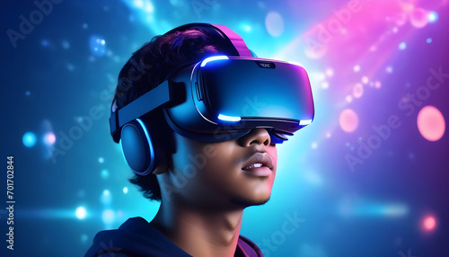 A boy wearing VR headset user. Surreal world and virtual reality. AI artificial intelligence man wearing VR glasses virtual global world internet connection and new experience in the future metaverse © Antonio Giordano