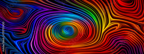 vivid display of optical art, featuring a mesmerizing array of concentric lines in a rainbow of colors that create a hypnotic, swirling pattern, evoking movement and a kaleidoscopic effect