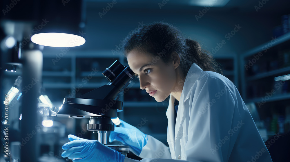 A focused woman scientist in a biotech lab, this portrait highlights her concentration while observing reactions under a microscope, embodying the essence of scientific research. A focused woman scientist in a biotech lab, this portrait highlights her concentration while observing reactions under a microscope, embodying the essence of scientific research.