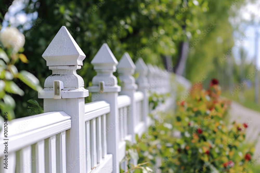 A detailed view of a fence with beautiful flowers in the background. Perfect for adding a touch of nature to any project