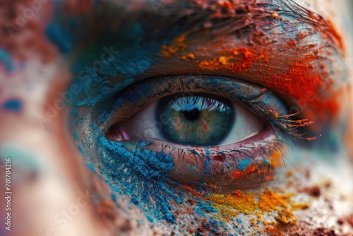 A close-up view of a person's eye with vibrant paint splatters all over it. This image can be used to represent creativity, artistic expression, or the exploration of emotions