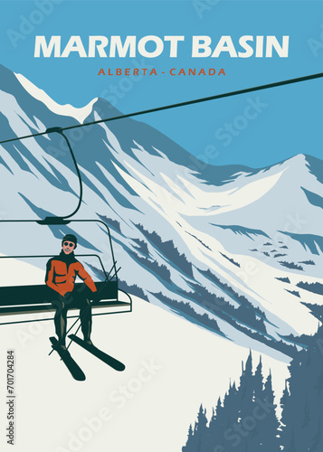 skier man on ski lift at marmot basin mountain poster design, ski vintage illustration design