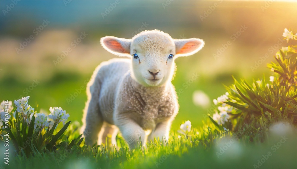 Cute little lamb on fresh spring green meadow during sunrise. Eid mubarak
Cute little lamb on fresh spring green meadow during sunrise. Eid mubarak