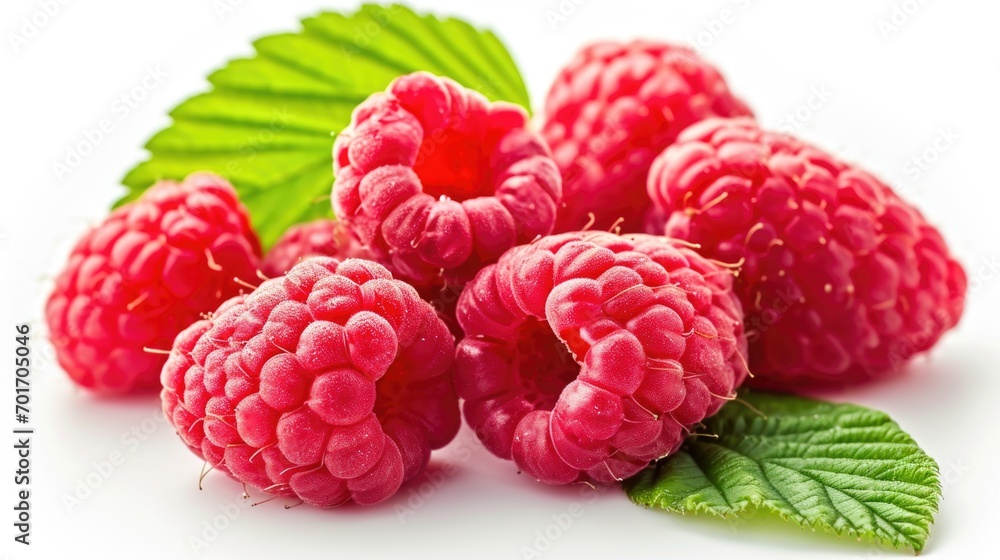 Fresh raspberries with leaves arranged on a clean white surface. Suitable for food and fruit-related projects