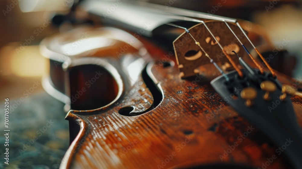 A close up shot of a violin placed on a table. Perfect for music-related projects or instrument showcases A close up shot of a violin placed on a table. Perfect for music-related projects or instrument showcases