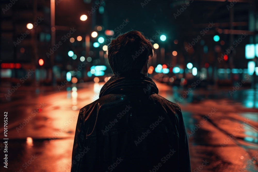 A person standing in the middle of a street at night. Suitable for urban, cityscape, nightlife, and mystery themes A person standing in the middle of a street at night. Suitable for urban, cityscape, nightlife, and mystery themes