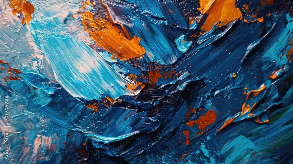 A detailed view of a painting featuring blue and orange colors. This artwork can be used to add a pop of color and vibrancy to any space