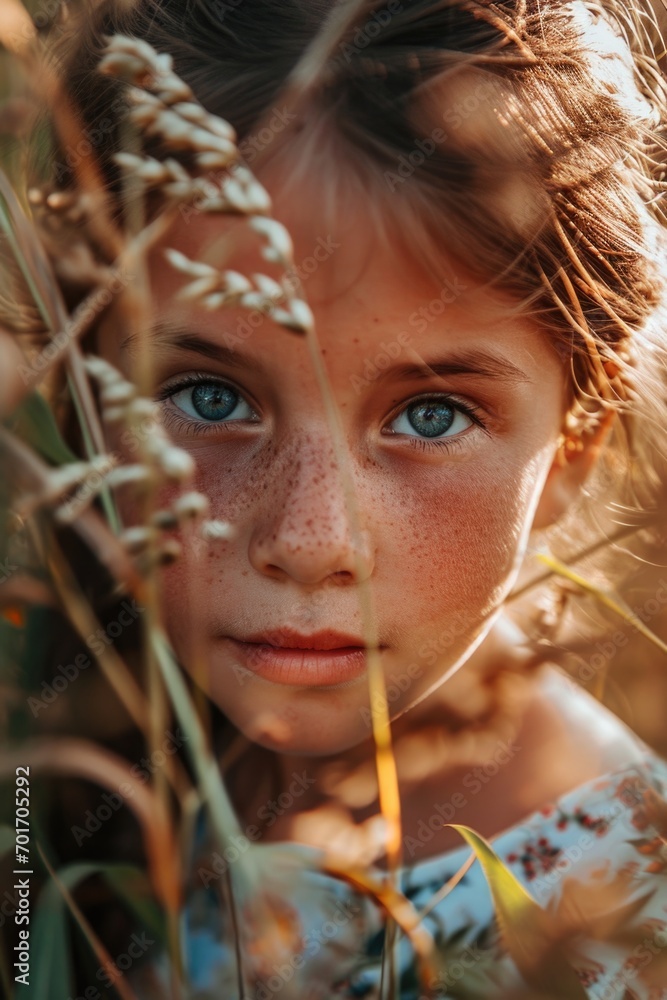 A young girl with adorable freckles on her face standing confidently in tall grass. Perfect for outdoor and nature-themed projects A young girl with adorable freckles on her face standing confidently in tall grass. Perfect for outdoor and nature-themed projects