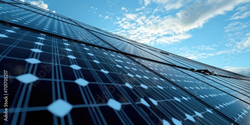 A detailed view of a solar panel mounted on a building. This image can be used to showcase renewable energy, sustainability, or eco-friendly concepts