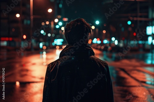 A person standing in the middle of a street at night. Suitable for urban  cityscape  nightlife  and mystery themes