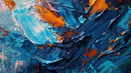 A detailed view of a painting featuring blue and orange colors. This artwork can be used to add a pop of color and vibrancy to any space