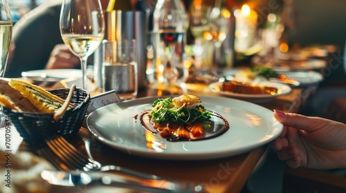 A plate of food and a glass of wine are placed on a table. This image can be used to depict a delicious meal or a romantic dinner setting photo