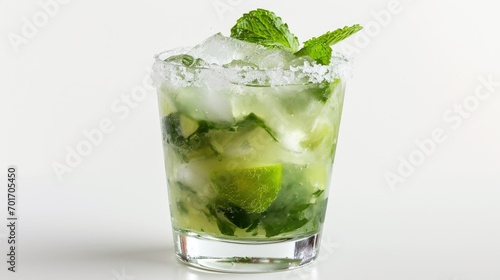 A glass filled with ice, lime, and mint. Perfect for cooling off on a hot summer day