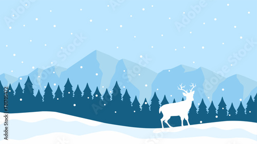 Winter landscape vector illustration. Winter silhouette with deer and pine forest at the snow hill. Cold season landscape for illustration, background or wallpaper
