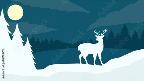 Winter wildlife landscape vector illustration. Silhouette of deer at pine forest in winter night. Cold season wildlife landscape for illustration, background or wallpaper