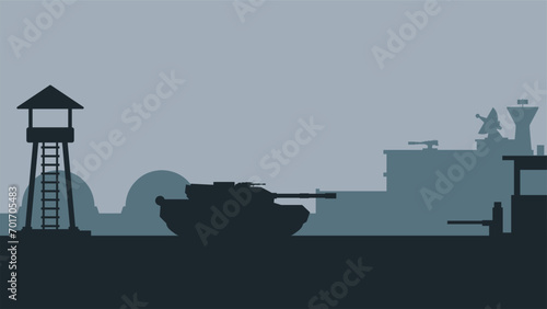 Military base landscape vector illustration. Silhouette of military base gate with tank and watchtower. Military landscape for background, wallpaper or illustration. Army training field illustration