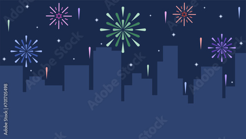 New year cityscape vector illustration. City silhouette with colorful sparkling fireworks in new year event. New year landscape for illustration, background or wallpaper. Urban firework festival
