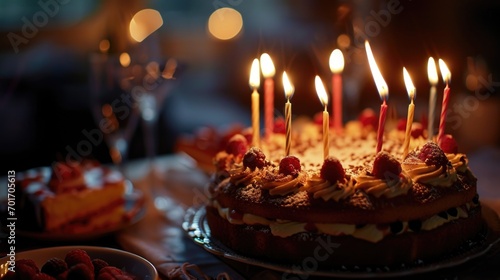 A birthday cake with lit candles, perfect for celebrating a special occasion. Can be used for birthday party invitations or to capture the excitement of blowing out candles photo