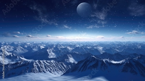 Moonlit Majesty snowy mountain range bathed in the gentle glow of moonlight.