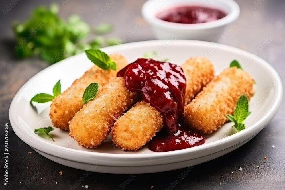 Breaded fried mozzarella cheese sticks served with cranberry sauce on the white table Breaded fried mozzarella cheese sticks served with cranberry sauce on the white table