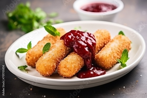 Breaded fried mozzarella cheese sticks served with cranberry sauce on the white table
