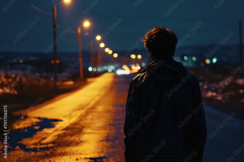 A man standing alone in the middle of a road at night. Can be used to depict solitude, uncertainty, or a sense of adventure. A man standing alone in the middle of a road at night. Can be used to depict solitude, uncertainty, or a sense of adventure.