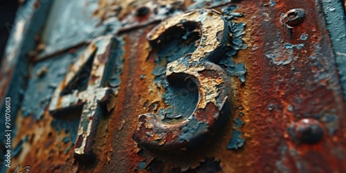 A close-up shot of a rusted metal surface with a clearly visible number. This image can be used to depict industrial decay, vintage signage, or urban exploration