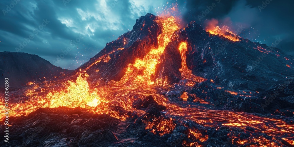 A stunning image of a mountain engulfed in molten lava, creating a mesmerizing display of fiery orange hues. Perfect for illustrating the raw power and beauty of nature.