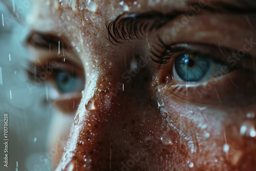 A close-up shot capturing the person's eyes in the rain. Perfect for illustrating emotions and capturing the mood of a rainy day